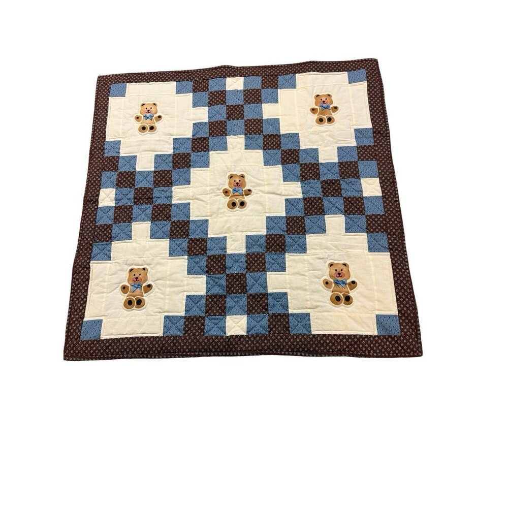Handmade Teddy Bear Baby Quilt Blanket Blue Brown Patchwork 32x32